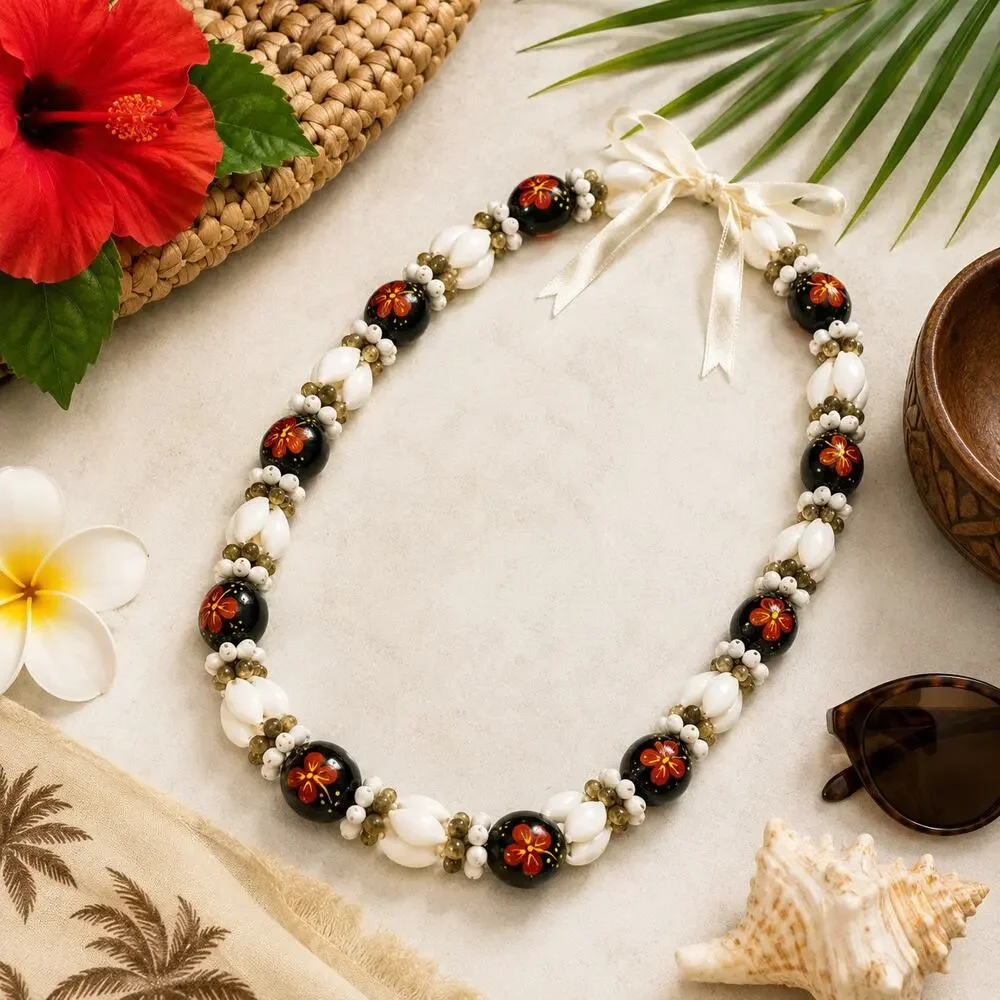 Hawaiian Tropical Hibiscus Floral Beaded Statement Necklace 32 Inch